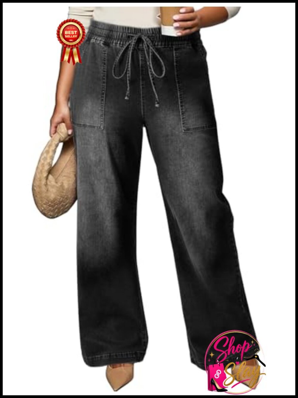 Plus Size High Rise Wide Leg Jeans Stretchy Drawstring Denim Pants